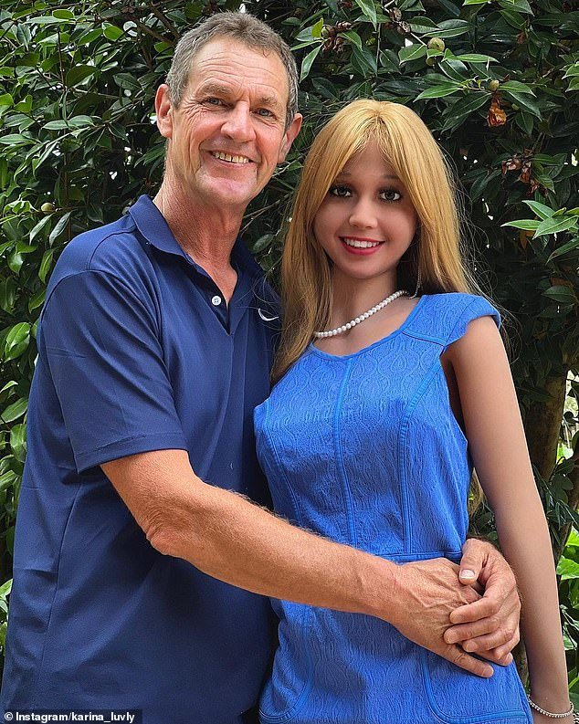 Aussie Rod - not his real name - bought the doll in 2021 after going through a period of loneliness in which he had not had any physical contact with a woman in two years (image of Rod and Karina from Instagram)