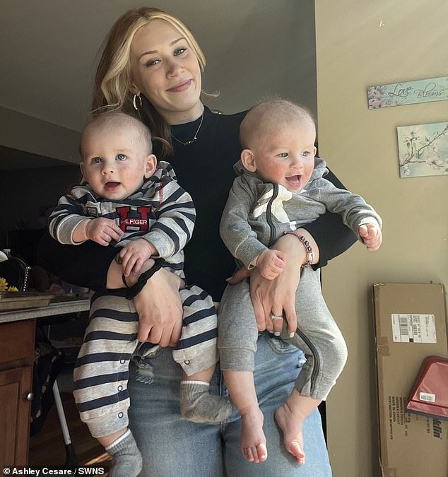 Ashley Cesare with her twin children Carter and Jaxon.  Ashley revealed that she was initially disappointed to learn that she was going to have children.