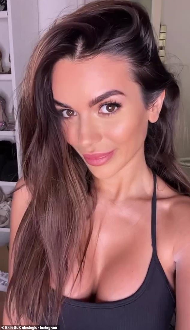 Beauty: Ekin-Su Culculoglu looked stunning as she posed in a black crop top on her Instagram stories on the Monday ahead of her Dancing On Ice stint