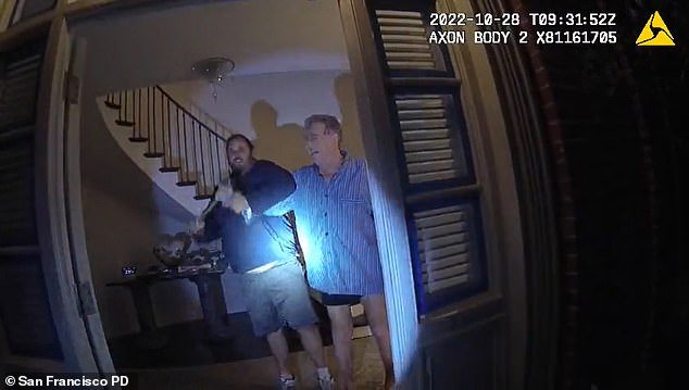 When the police arrived at the door, Pelosi and DePape answered.  Pelosi was seen wearing his pajama shirt and underwear while DePape held the hammer in front of police.