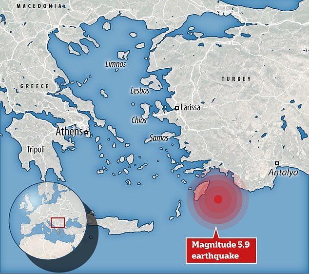 The quake, with a depth of 16 miles, struck in the Aegean Sea about 36 miles southeast of Lindos, a city of Rhodes, at 2:37 p.m. local time (1237 GMT).
