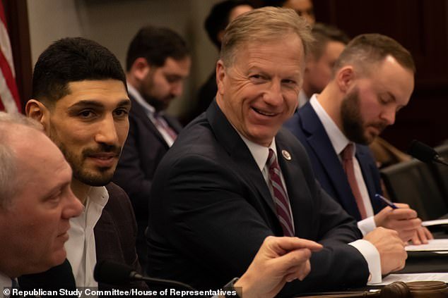 NBA star Enes Kanter Freedom was on Capitol Hill last week, updating the Republican Study Committee on his advocacy work and being wanted by Turkish officials (Pictured: Kanter Freedom with RSC Chairman Rep. Kevin Hern, who heads the letter)