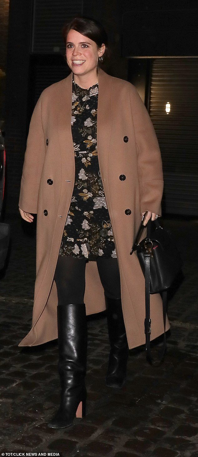 The pregnant Princess Eugenie showed off her growing bump when she went out to dinner at the Chiltern Firehouse in London.