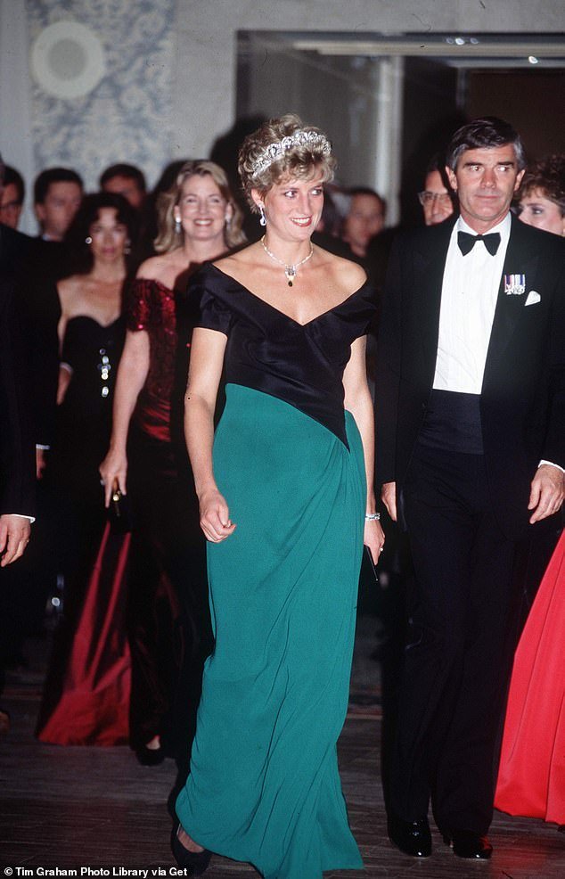 A black and jade Catherine Walker dress worn by Diana to a gala dinner in Toronto in 1991