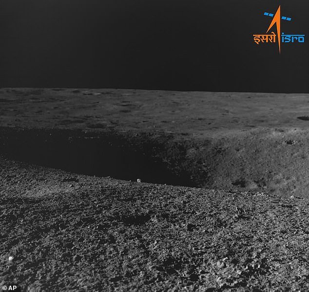 This image from the Indian Space Research Organization shows a crater encountered by Chandrayaan-3 as seen by the navigation camera