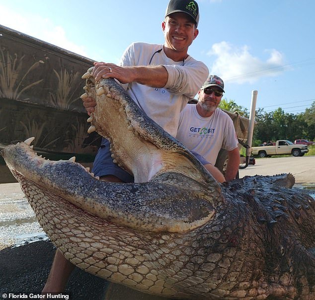 The gator — whose population the state of Florida is trying to control — appeared seemingly out of nowhere, and its size caused visible shock to the men on board.