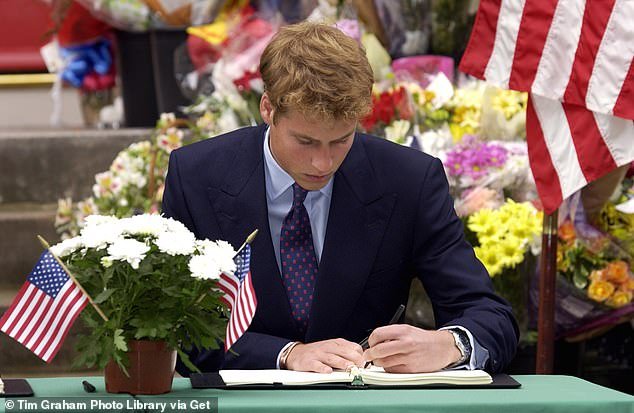 William signing a book of condolence for the victims of the terrorist attacks in the United States at the US Consulate in Edinburgh, Scotland, in September 2001