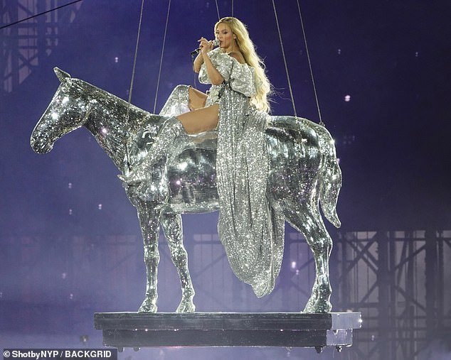 What a show: During the performance, Beyoncé mounted a sparkling silver horse that was raised into the air