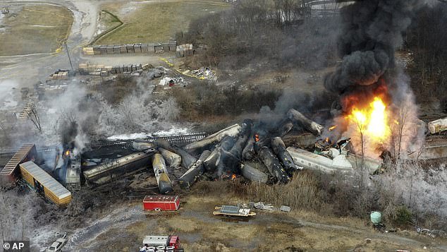 A drone photo shows parts of a Norfolk and Southern freight train that derailed