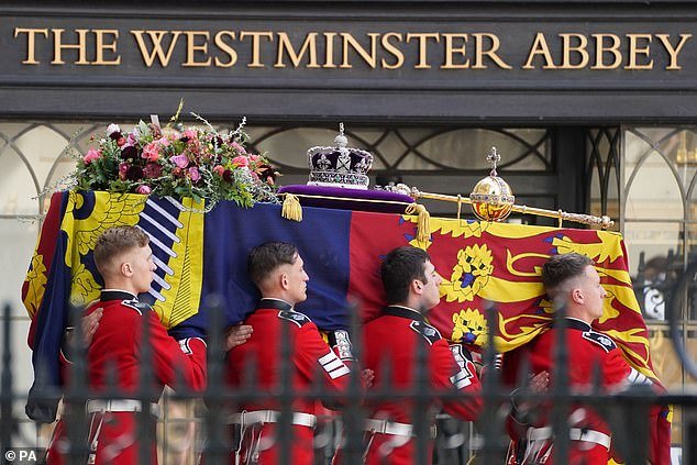 Queen Elizabeth's coffin in the ceremonial procession following her state funeral last year
