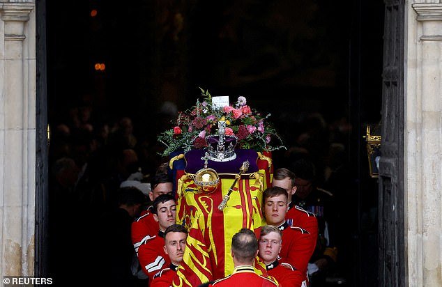 The coffin arrived in procession with the King, Princess Royal, Duke of York and Earl of Wessex, soon to become Duke of Edinburgh