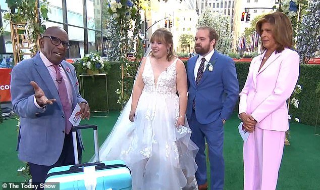 The newlyweds, who are thinking about going to Greece for their honeymoon, were also gifted luggage and $3,000 for their post-ceremony travel.