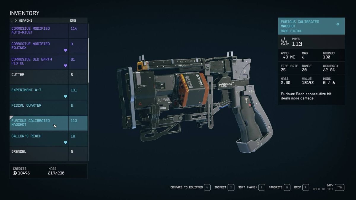 A menu shows the design and stats of the Magshot, one of the best weapons in Starfield.