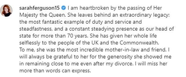 Sarah paid tribute to her former mother-in-law, the Queen, after her death at the age of 96