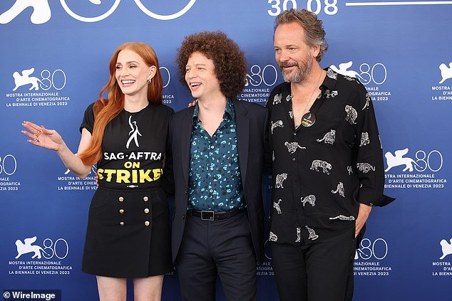 All smiles: Jessica was pictured with director Michel Franco and her co-star Peter Sarsgaard as they united to plug Memory