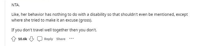 Redditors didn't hold back when they assured the woman she wasn't in the wrong and said Ashely shouldn't use her disability as an excuse