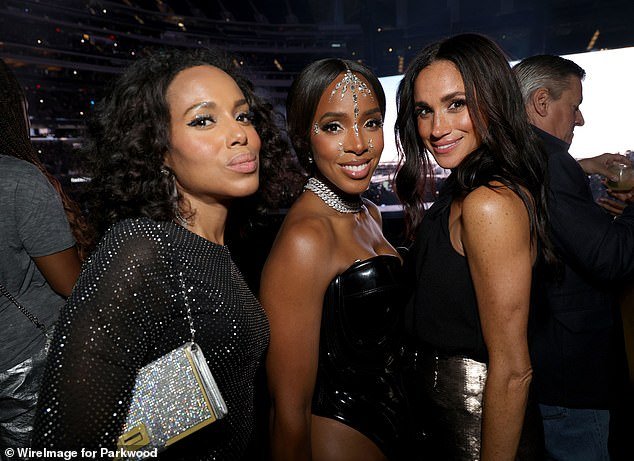 This week, Meghan returned to her old Hollywood life as she partied with Kerry Washington (left) and Kelly Rowland (center)