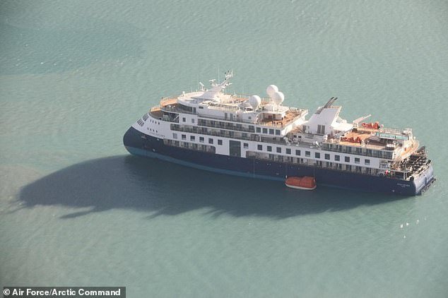 The Joint Arctic Command remains in contact with the grounded ocean liner.  Pictured is an aerial photo of the stranded ship
