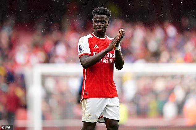 The Spanish manager gave an injury update on Bukayo Saka (pictured), saying his Achilles tendon injury is 'fine' and that he had 'trained normally on Friday'