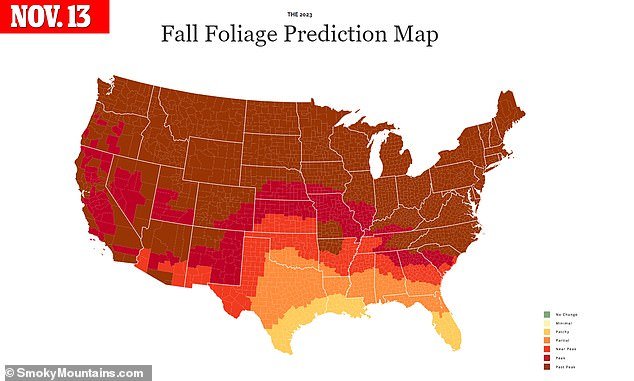 By November 13, only the southern states, including Arkansas, Texas, Oklahoma and Florida, will have foliage, while the rest of the country will be past peak foliage season