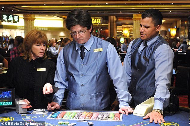 In 2011, while president and COO of the MGM Grand in Las Vegas, Sibella (center) starred in an episode of Undercover Boss, posing as a blackjack dealer.