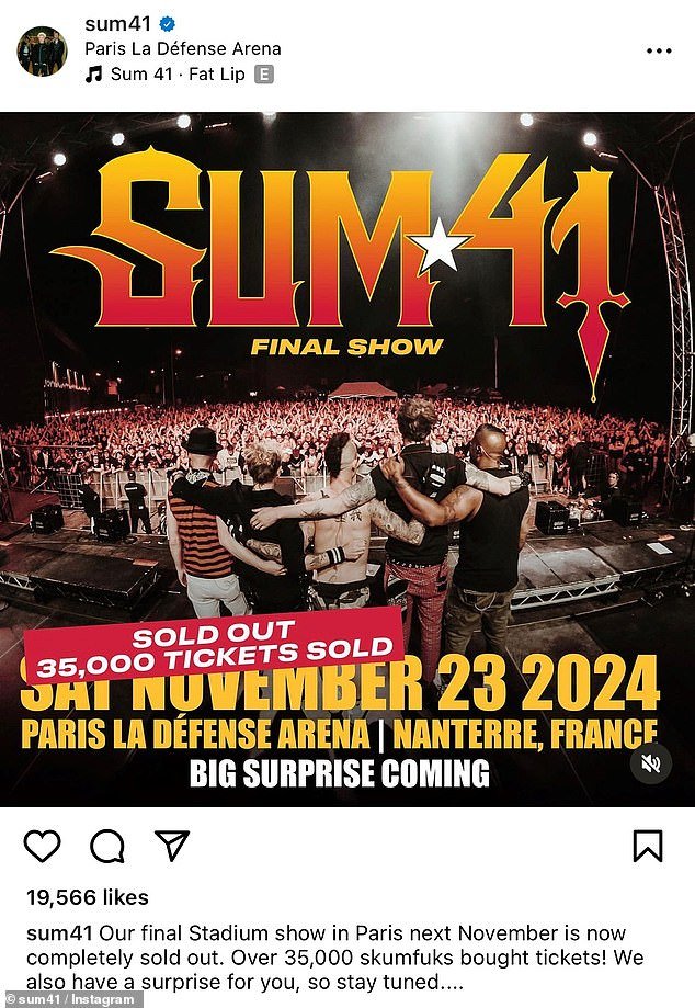 Swan song: Last week Sum 41 revealed that their last show in Paris in November 2024 has already sold out