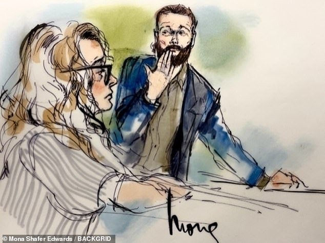 Masterson blows his wife a kiss in court as he was sentenced to 30 years behind bars, seen in a court sketch
