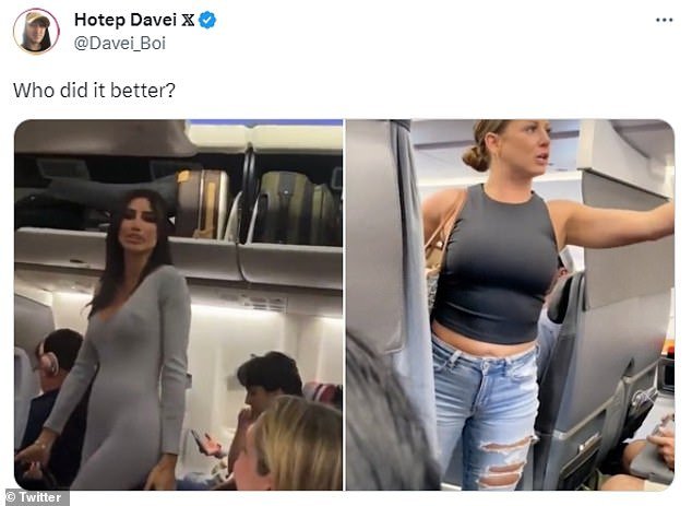 Social media users were quick to draw comparisons between the latest 'airplane woman' and Tiffany Gomas, with one woman tweeting screenshots of the two plane dramas side by side with the caption: 'Who did it better?'