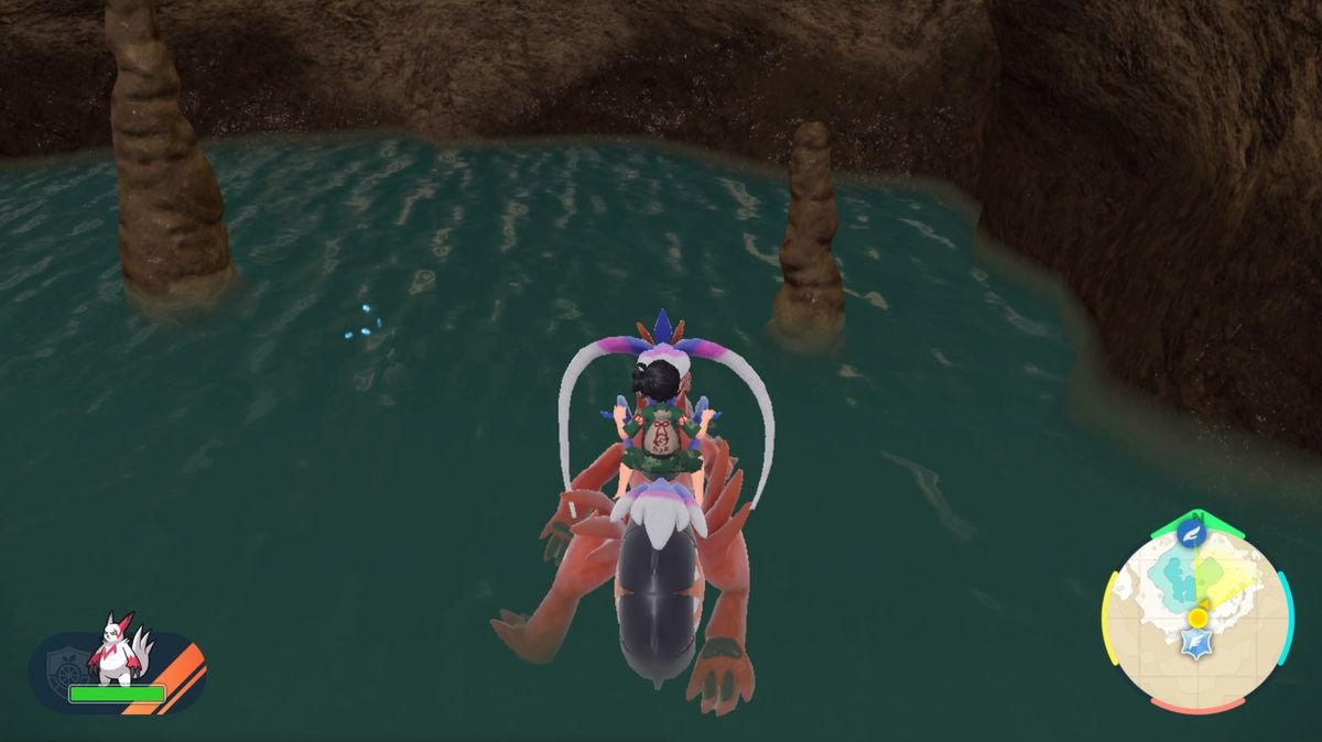 A sweaty Feebas approaches the surface of the water in Pokémon Scarlet and Violet: The Teal Mask
