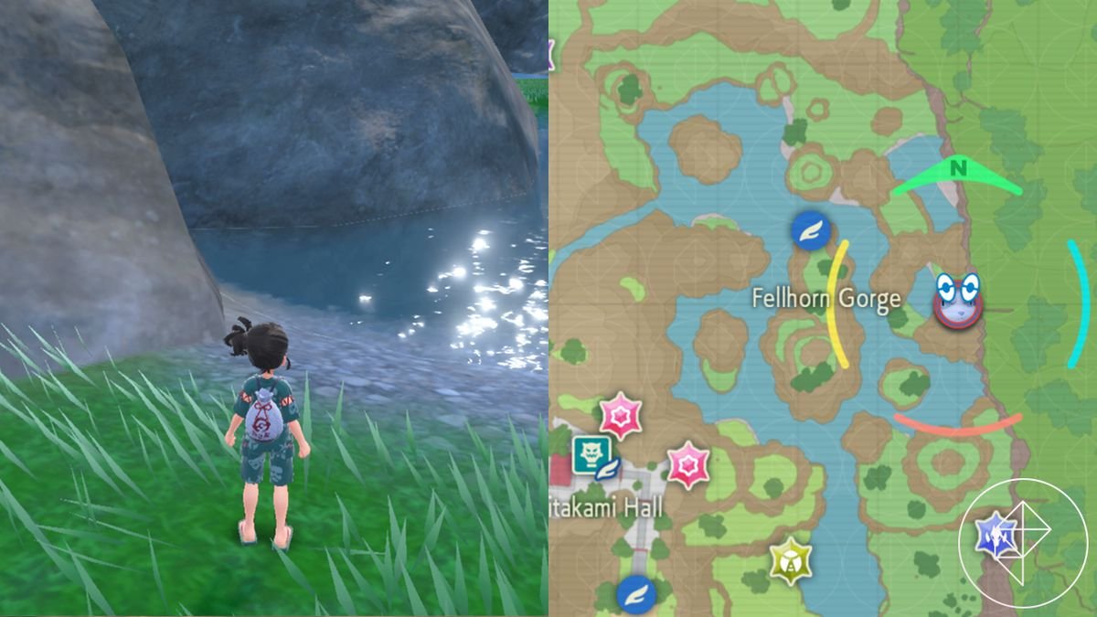 A trainer stands on the shore of a small area in Fellhorn Gorge in Pokémon Scarlet and Violet: The Teal Mask