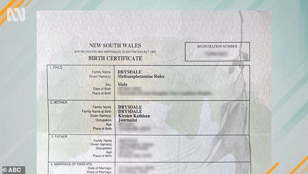 Kirsten Drysdale has since submitted her son's real 'normal name' to NSW Births, Deaths and Marriages.  The photo shows the original birth certificate