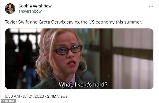 Keeping the economy going: Fans of Swift and Gerwig previously joked that the ladies kept the American economy going with their successful careers
