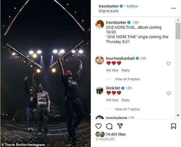 Three hearts!  The half-Armenian socialite also showed emoji love for her 47-year-old husband's Grammy-nominated rock band, which releases their new single One More Time on Thursday, followed by the album on October 20.