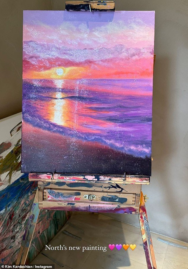 Proud: The mother of four also jumped to her Instagram Stories to proudly show off her daughter, North's latest painting of an ocean sunset