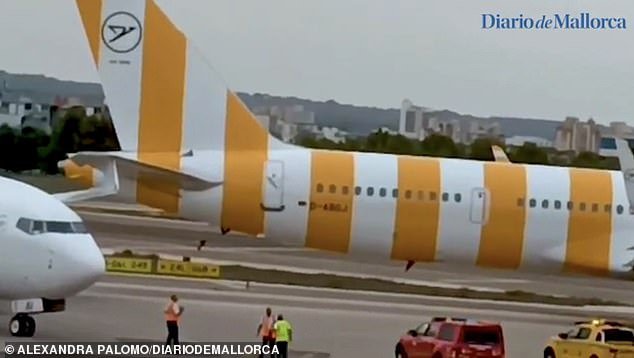 The crash apparently occurred when the Air Europa plane (left), which had been flying the Barcelona-Palma route, arrived at the terminal and collided with the rear of the Condor plane (right), which was stationary and awaiting clearance to taxi.