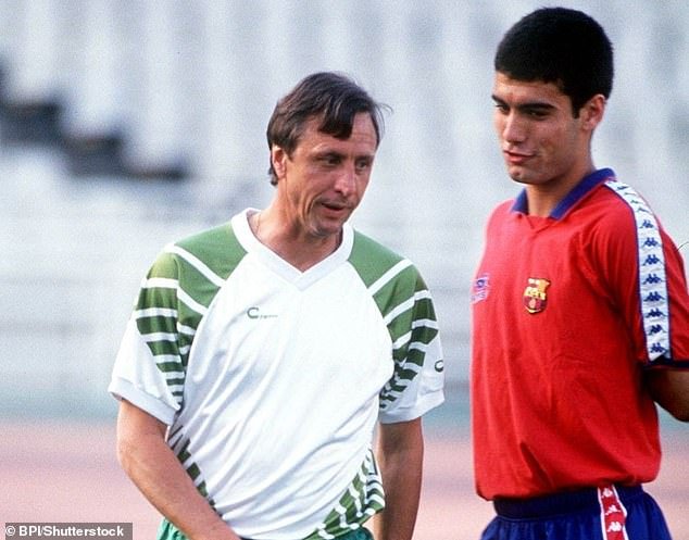 Guardiola learned from Johan Cruyff (left) after playing under him at Barcelona