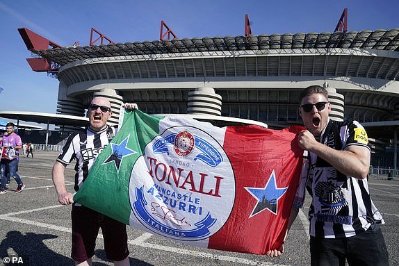 Newcastle United fans ahead of the UEFA Champions League Group F match at San Siro, Milan.  Photo date: Tuesday, September 19, 2023. PA Photo.  See PA story FOOTBALL Newcastle.  Photo credit should read as follows: Owen Humphreys/PA Wire RESTRICTIONS: Use subject to restrictions.  Editorial use only, no commercial use without prior permission from the rights holder.