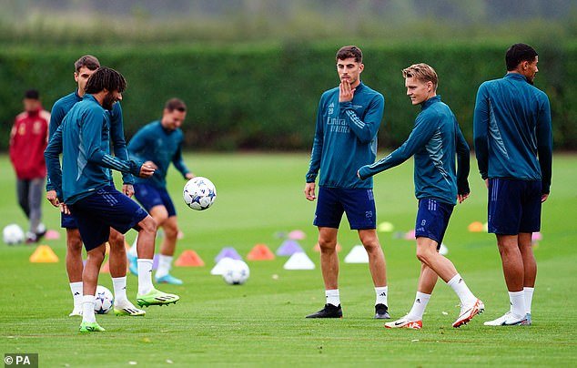 The Gunners were in training on Tuesday for their Champions League match against PSV on Wednesday