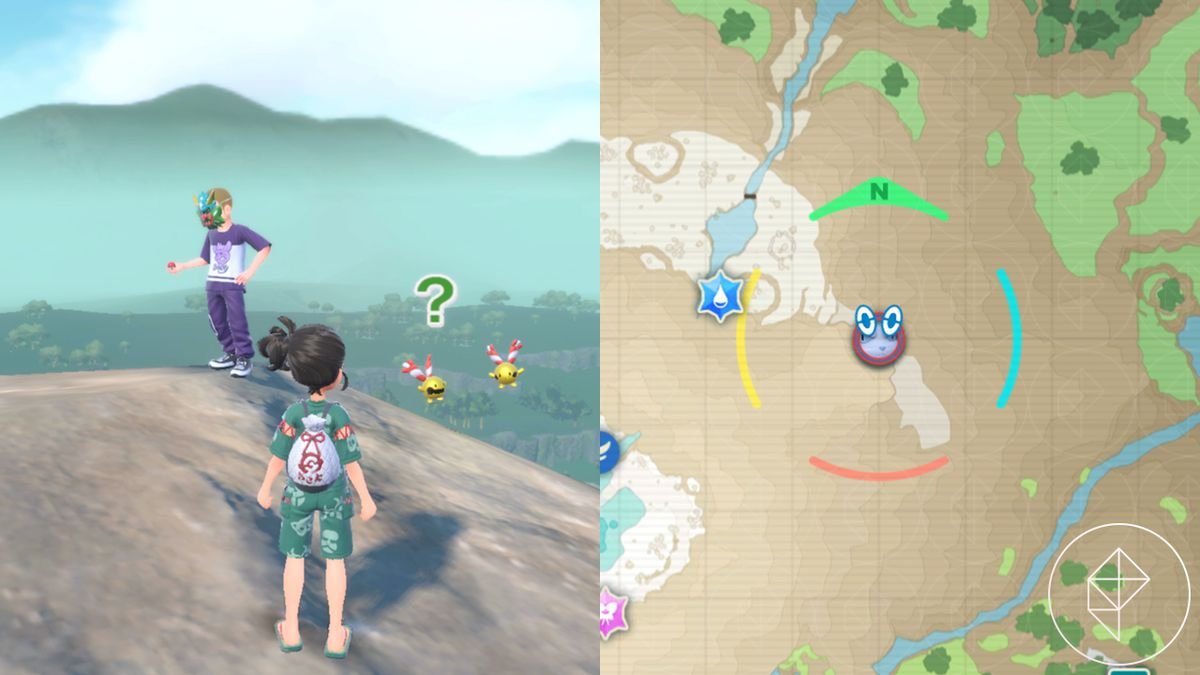 A masked man with Chingling near him stands near a trainer on a mountain cliff in Pokémon Scarlet and Purple: The Teal Mask,