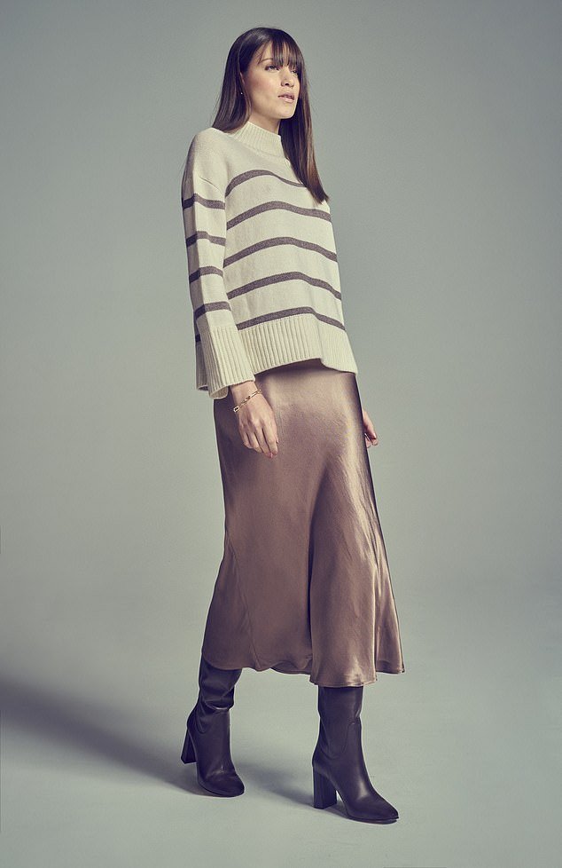 Sweater, £129, The White Company;  skirt, £89, Mint Velvet;  boots, £525, Russell & Bromley
