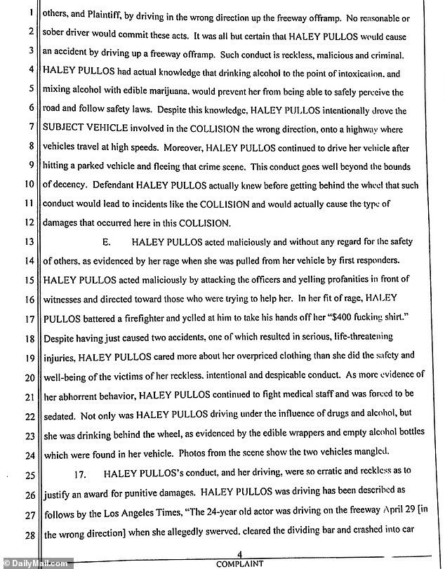 “Haley Pullos acted maliciously and without any regard for the safety of others, as evidenced by her anger as she was pulled from her vehicle by emergency responders,” Wilder said in a written statement to the court.