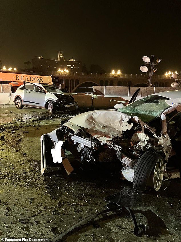 Following the crash in April, the California Highway Patrol and Pasadena fire departments released photos of the aftermath of the late-night crash, showing the cars of both Pullos and the 23-year-old victim completely totaled and sprawled along Arroyo Seco Parkway .