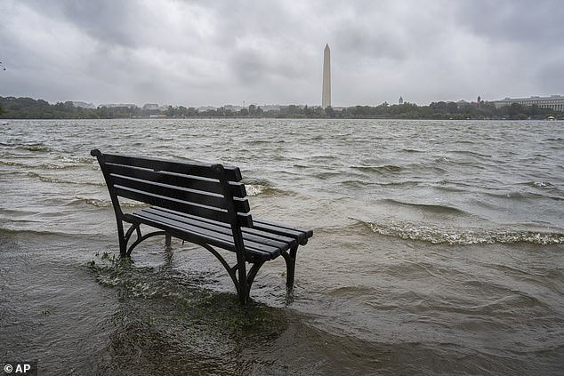 The tidal basin in Washington DC is flooding its banks due to rain from Tropical Storm Ophelia