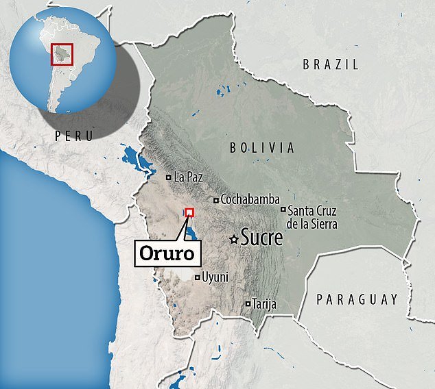 Oruro (shown on the map) is approximately 3,700 meters (12,000 feet) above sea level and is Bolivia's fifth largest city by population.  It is located approximately halfway between the capital La Paz and Sucre