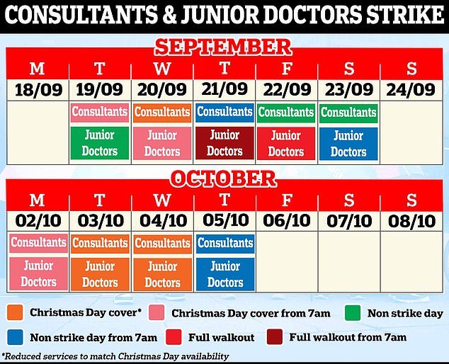 Consultants in England have joined the picket lines on four separate days so far this summer, while junior doctors have staged 19 days of strike action this year.  Both will return to the picket lines together on October 2, 3 and 4.  Radiographers will also join medics in walking out for 24 hours from 8am on October 3.