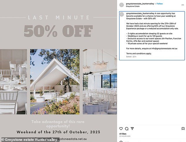 The venue uploaded this frantic '50% off' post on Tuesday afternoon after announcing a 'last minute cancellation' on the weekend of the couple's wedding