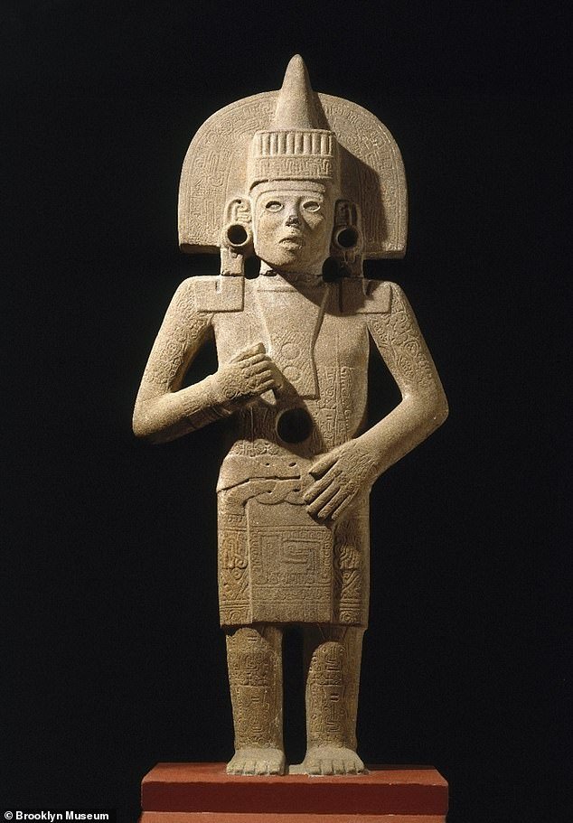 It is thought that the death flutes were related to Ehecatl, the god of the wind.  He is usually depicted wearing two masks through which the wind blew and his temple was cylindrical because the wind blew in all directions.  Pictured is a statue in the Brooklyn Museum (New York City
