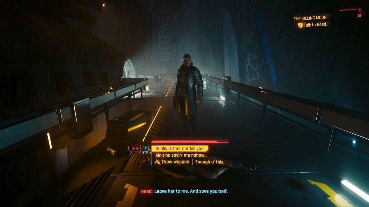 Solomon Reed stands on a bridge in the rain during one of the endings of Cyberpunk 2077 Phantom Liberty.