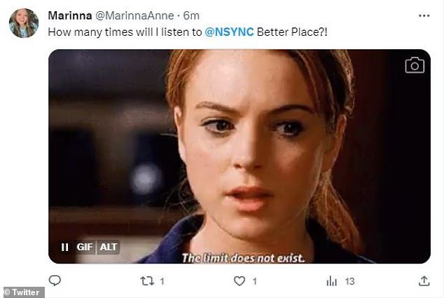 Latest song: Another added: “How many times will I listen to @NSYNC Better Place?!”  followed by a Mean Girls meme that reads: 'The limit doesn't exist'