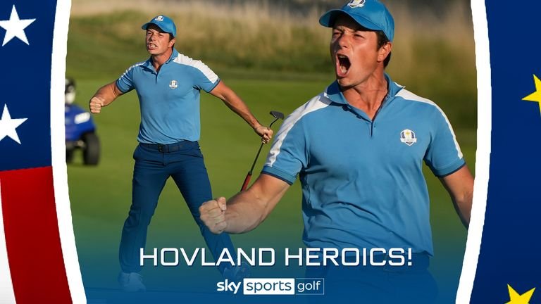 Viktor Hovland sinks a crucial birdie putt on the 18th hole of the Ryder Cup to earn half a point for Team Europe